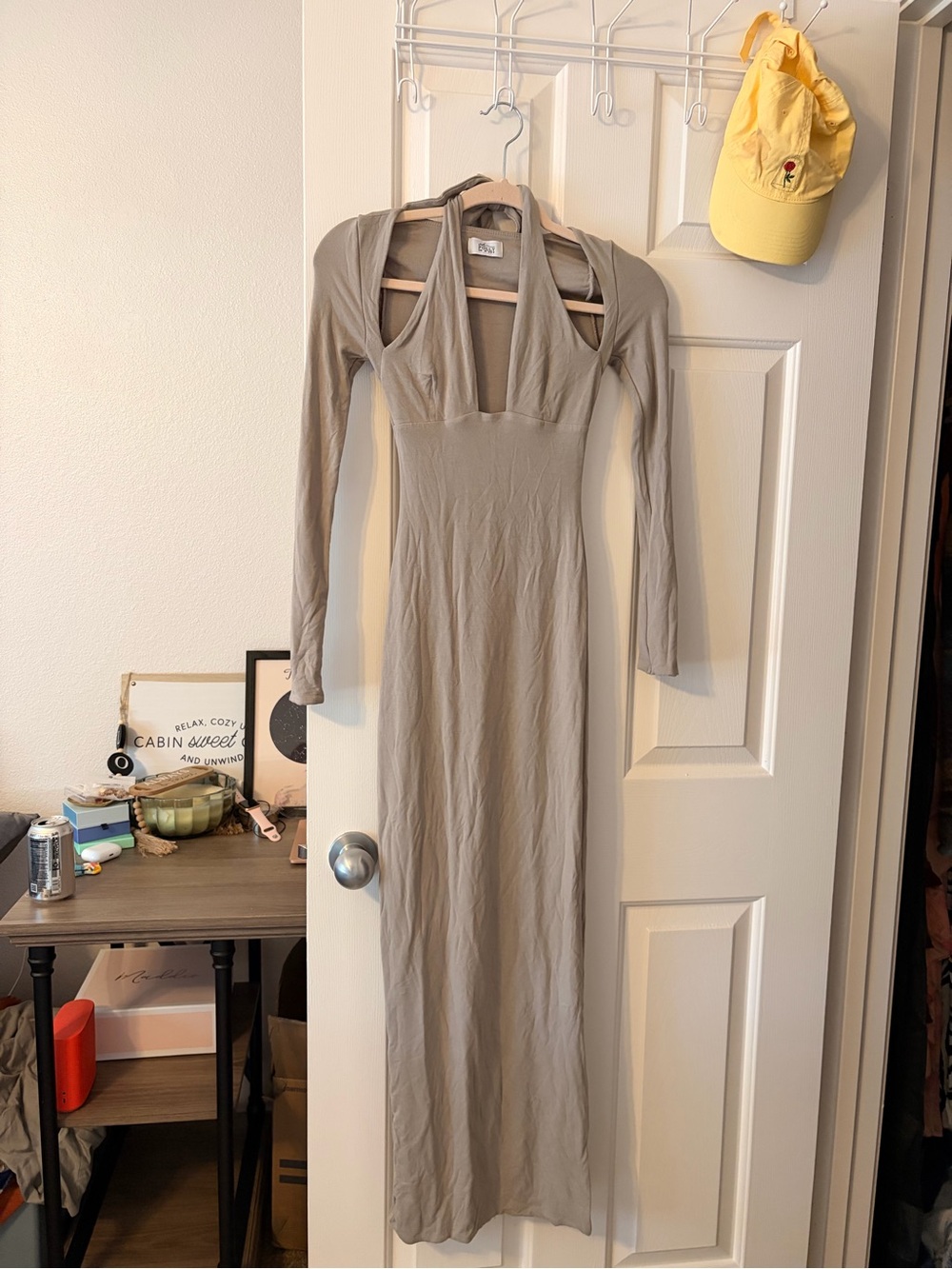 Oh Polly Taupe Long-Sleeve Plunge Maxi Dress